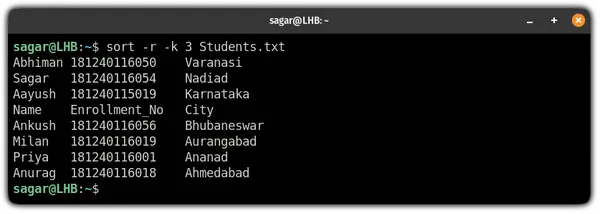 sort by column in reverse in bash