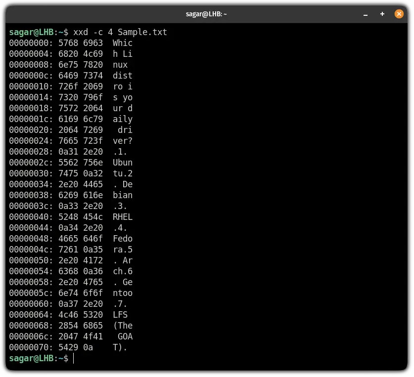 specify the number of colums in output in xxd command