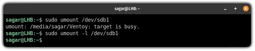 using the lazy unmount to solve the target is busy in linux