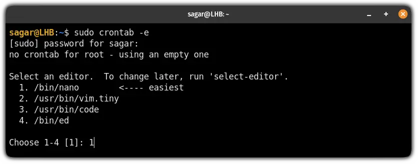 Choose editor for editing cron tables in linux